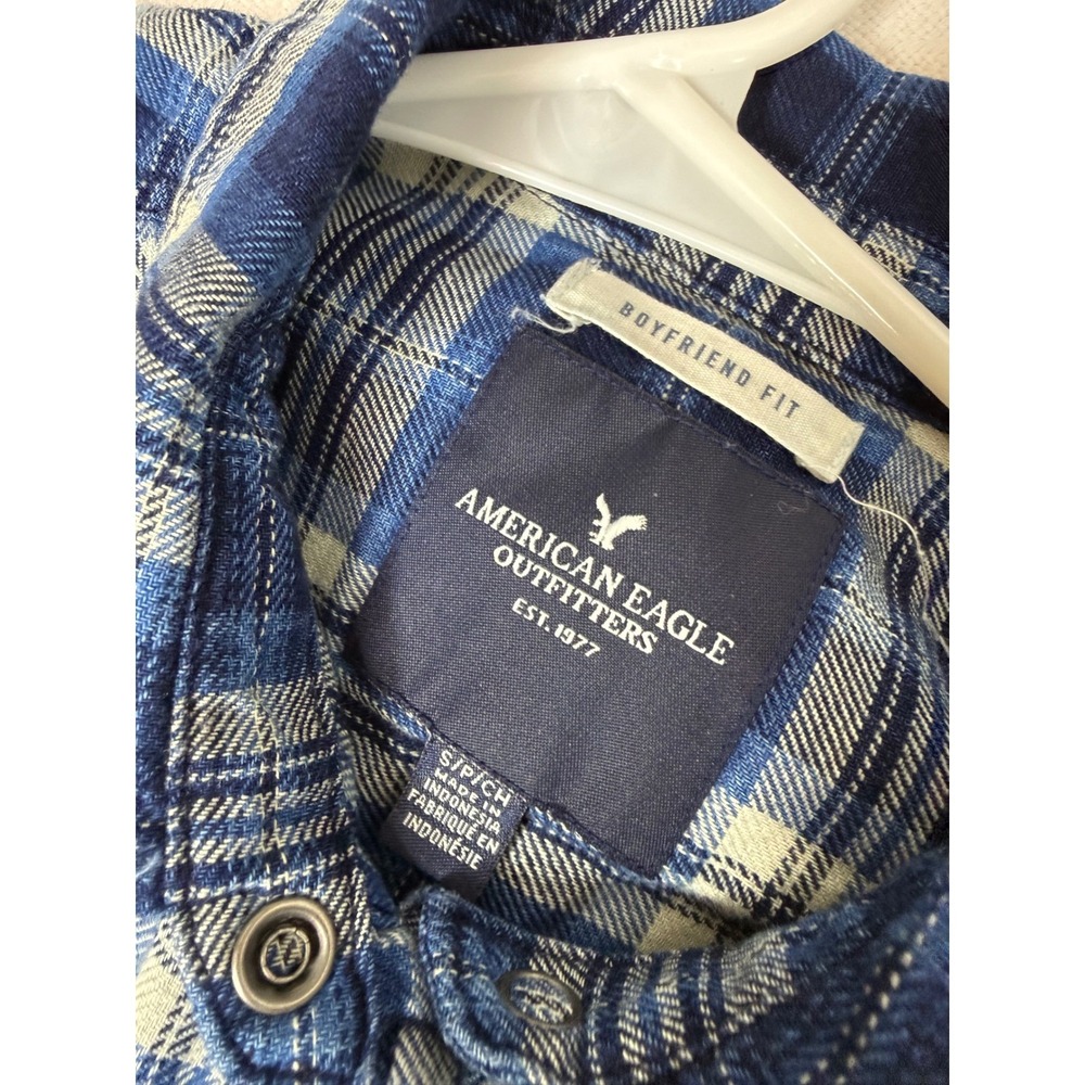 American Eagle‎ Boyfriend Fit Plaid Flannel Western Shirt Blue White Size S